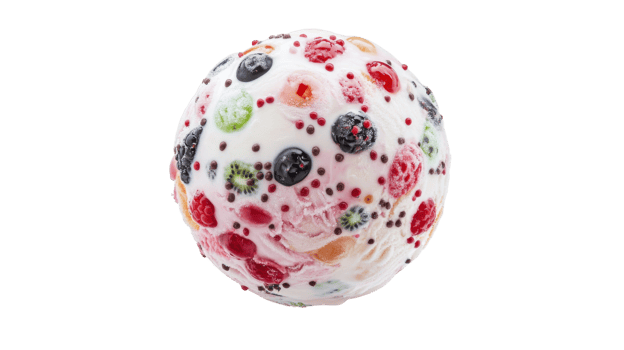 Brightly colored ice cream scoop with mixed fruits and toppings enjoyed during a sunny afternoon at a local park png
