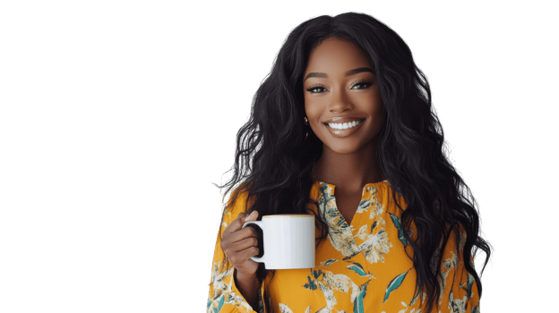 Smiling woman in a floral dress enjoying a cup of coffee in a bright and cheerful setting png