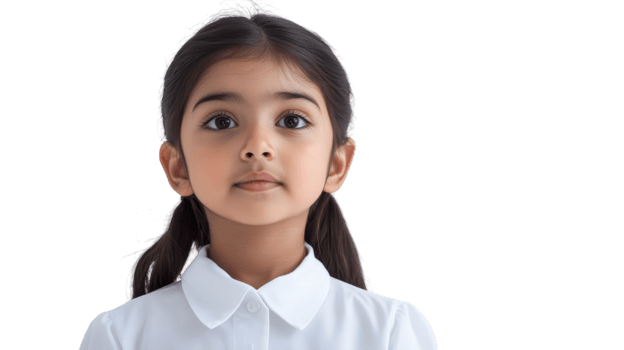 Child poses in a bright setting wearing a white shirt and looking directly at the camera with a calm expression png