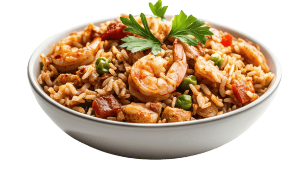 Delicious shrimp fried rice with colorful vegetables garnished with fresh herbs png