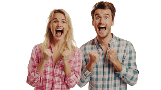 Excited young couple celebrating together with joyful expressions and raised fists in a bright setting png