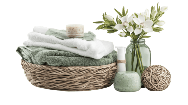 Relaxing spa essentials arranged elegantly with towels and decorative items for a calming atmosphere png