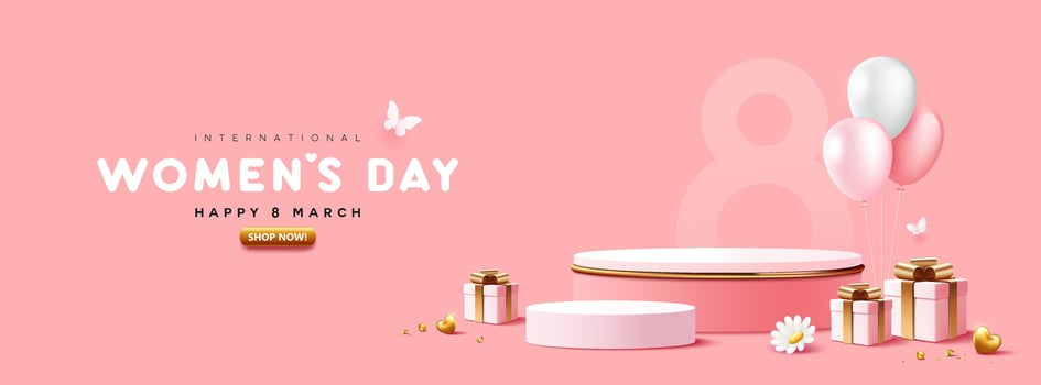 Happy women's day 8 March, podium display and gift box, balloon banner design on pink background vector
