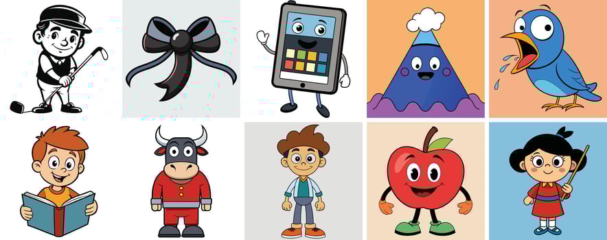 Collection of Cute Cartoon Characters Illustrations Featuring a Golfer, Bow, Tablet, Volcano, Bird, Boy Reading, Bull, Boy, Apple and Girl Teacher vector