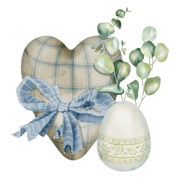 Handmade textile heart, eucalyptus branch, easter egg and blue bow. Suitable for craft, DIY and handmade business design, greeting cards, blog illustrations, vintage decorations or toy store marketing png