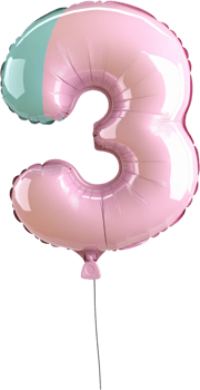 Glossy number three balloon, pastel pink with mint green accent, perfect for a party decoration and celebratory occasions. png