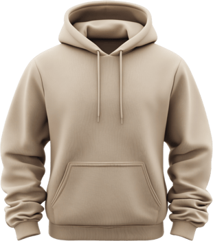 Beige hoodie with front pocket, drawstring hood, and ribbed cuffs. Perfect for casual wear, offering comfort and style in a neutral tone. png