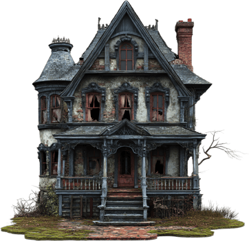 A dilapidated, gothic-style house stands, its decaying facade whispering tales of forgotten grandeur and eerie secrets. Its eerie allure captivates. png