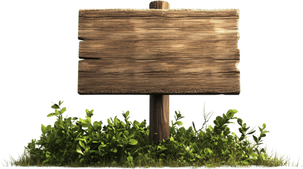 A rustic wooden sign stands amidst lush green foliage, beckoning travelers and adding a touch of natural charm to any outdoor space. png