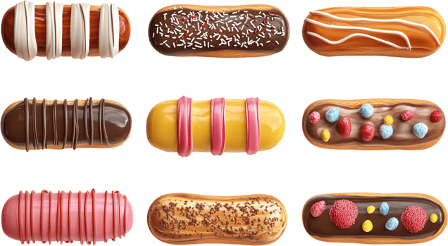 Delicious collection of nine assorted eclairs, each uniquely decorated with colorful toppings and icings, displayed on a dark background. png