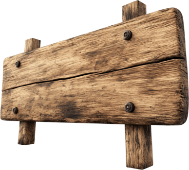 Rustic wooden sign made of two planks with support posts, perfect for outdoor signage or decoration, showcasing natural wood grain. png