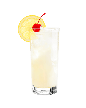 Tom Collins cocktail with lemon wheel garnish transparent isolated background. Mixology, bar menu, colorful vibrant refreshing drink in highball glass png