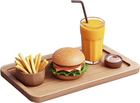 A delicious burger, fries, orange juice, and sauce presented on a wooden board, a perfect meal ready to be savored. png
