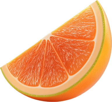 Bright vibrant juicy quarter wedge of ripe orange with detailed pulp sections. The slice shows beautiful colors and fresh appearance. png