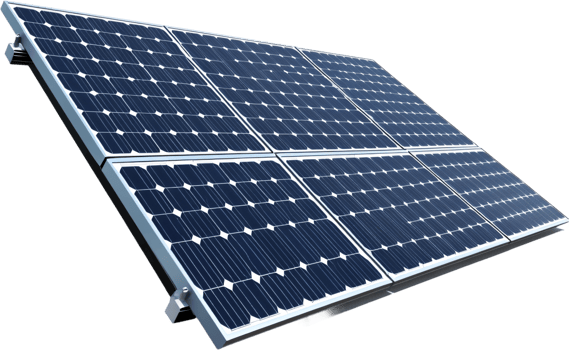 Array of six photovoltaic panels used for generating electricity from solar radiation on black background. Renewable energy generation. png