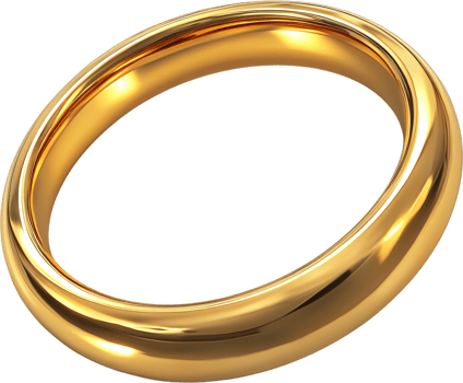 Golden ring, symbol of love and commitment, with a polished surface that reflects light beautifully on a black backdrop. Circular shape. png