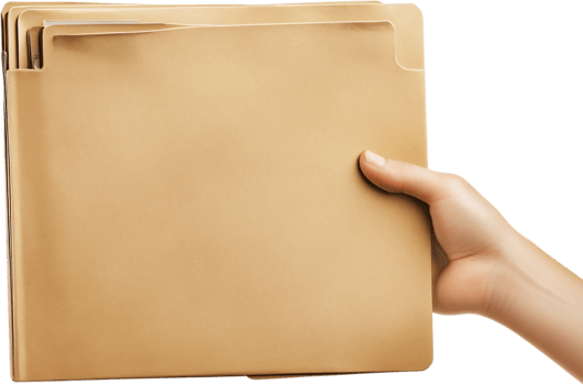 Hand holding a file folder with blank cover for documents and papers. Concept of business, education, or administration. png