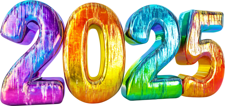 Colorful, reflective numbers spell out 2025 against a solid black background, representing the upcoming year with a vibrant aesthetic. png