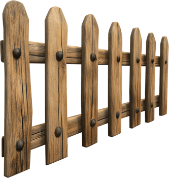 A weathered fence with a rustic charm stands as a boundary, its wooden planks displaying age and character, with metal fasteners accentuating the design. png