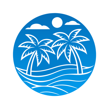 Two big blue palm trees stand against a vibrant sunset, framed by a circular design that incorporates waves and a bright sun cutouts png