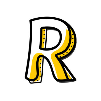 letter R is depicted in a playful design, featuring bold black outlines and a two-tone yellow and white color scheme cutouts png