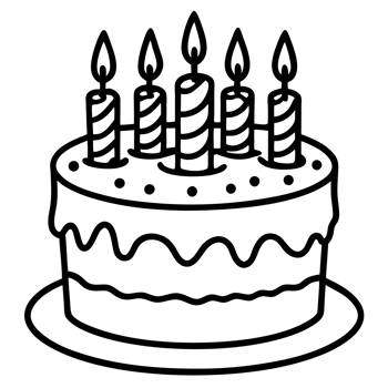 A round cake with frosting and five striped candles cutouts png