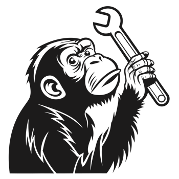 A stylized black illustration features a chimpanzee holding a large wrench in one hand cutouts png