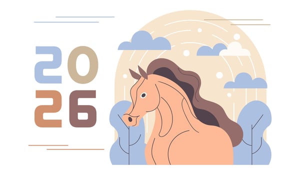 Happy New Year 2026 background with abstract horse in nature. Year of the Horse. Modern greeting card. Illustration vector
