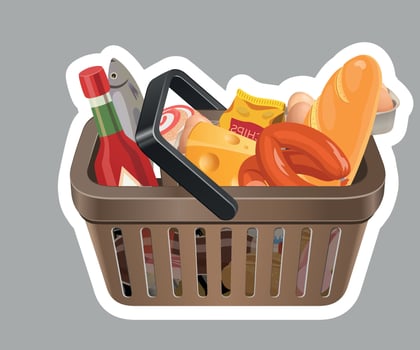 brown grocery basket sticker with products isolated on grey background vector
