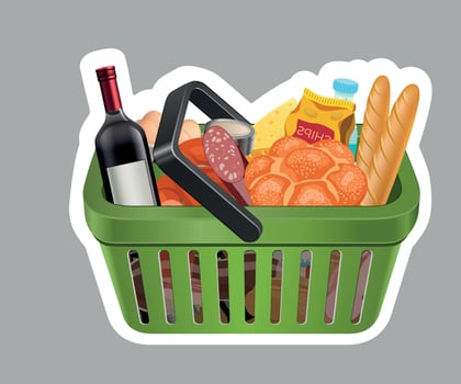 green grocery basket sticker with products on grey background vector