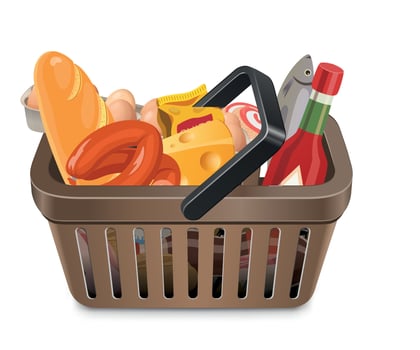brown grocery basket icon with groceries on white background vector