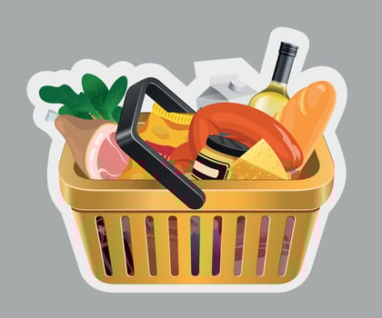 yellow grocery basket sticker with products on grey background vector
