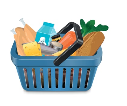blue grocery basket icon with groceries on white background vector