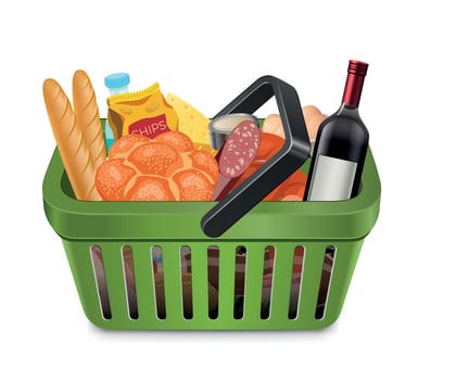 green grocery basket icon with groceries on white background vector