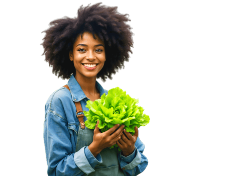 Beautiful black afro farmer girl holding green lettuce and smiling, cheerful woman with veggies, female gardener, isolated on transparent background png
