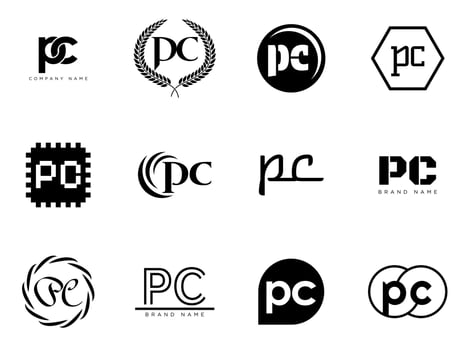 PC logo company template. Letter p and c logotype. Set different classic serif lettering and modern bold text with design elements. Initial font typography. vector