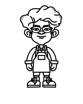 a cartoon barista guy in apron and shoes, black and white png