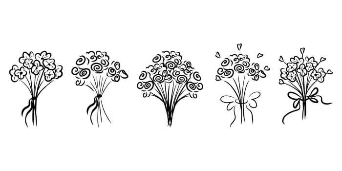 Whimsical flower bouquets set, hand drawn flowers, decorative flowers doodle set vector