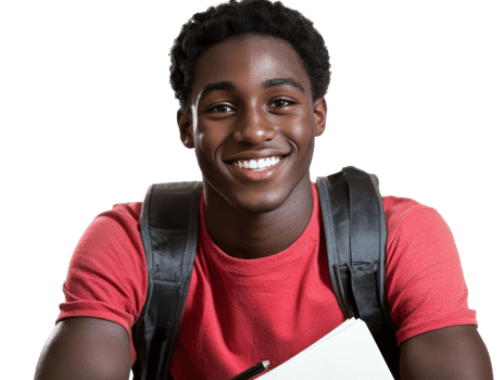 Cheerful Young Black Student Portrait Wearing Red Shirt and Backpack with Transparent Background png