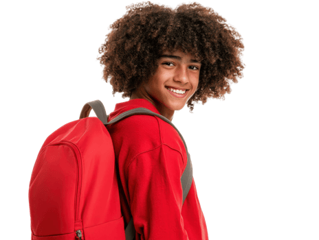Smiling Student with Red Backpack and Curly Hair on a Transparent Background png