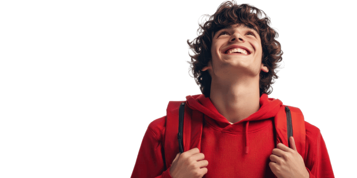 Young Man In Red Hoodie Looks Up At The Sky Smiling And Carrying A Backpack png