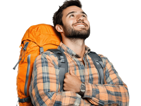 Young Smiling Man With Backpack Looking Upward Against Transparent Background png