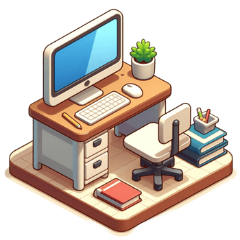 3D Isometric of Desk and Chair with Monitor, Keyboard, Books and Mouse. png