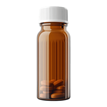Medical Capsules and Pills in Pharmaceutical Brown Glass Bottle Isolated on Transparent Background png