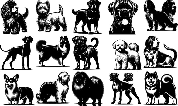 A set of black Black Dog Breed Illustrations Set vector