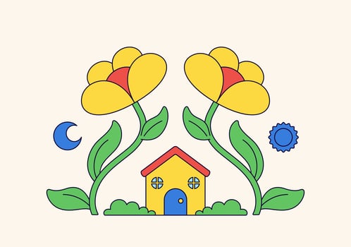 House surrounded by giant flowers, sun, and a moon illustration for green house vector