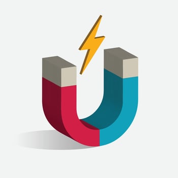 3D illustration of a U-shaped magnet with red and blue poles,symbolizing magnetic force and attraction.A bright yellow lightning bolt above the magnet represents energy, power, and electricity. vector