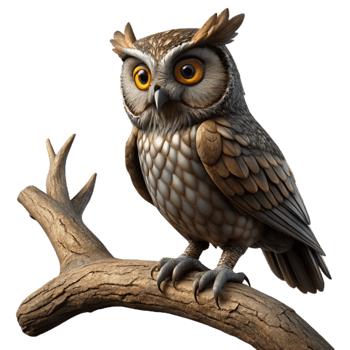 wonderful traditional magnificent abstract A wise old owl perched on an ancient, gnarled oak branch, Rembrandt lighting, dark and moody atmosphere, highly detailed feathers and bark 4K high resolution png