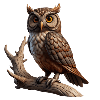 stunning traditional dramatic vintage A wise old owl perched on an ancient, gnarled oak branch, Rembrandt lighting, dark and moody atmosphere, highly detailed feathers and bark professional authentic png