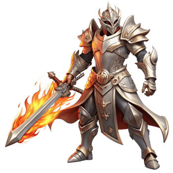 impressive contemporary magnificent contemporary A warrior in ornate, silver armor wielding a flaming sword, dynamic lighting with fiery reflections, heroic fantasy style 4K original png